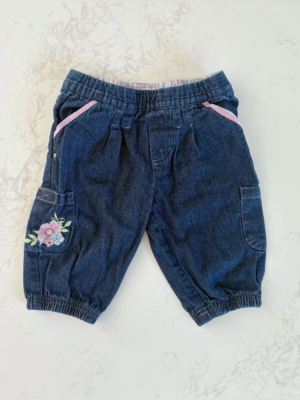 Disney Girls Y2K Denim Embroidered Floral Cargo Capri Pants 3T Elastic Waist